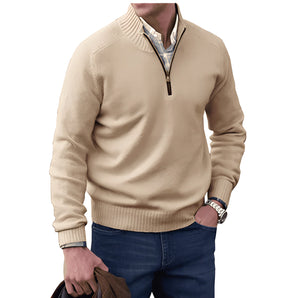 Men's 3XL beige quarter zip sweater with ribbed collar, showcasing a close-up of the upper body and right arm, highlighting the knitwear texture and shoulder fit, modeled by a person wearing a watch.