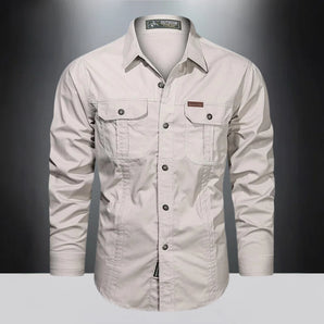 Men's beige slim fit cargo shirt featuring long sleeves, a military style design with a classic collar, button-up front, and suitable for both casual and workwear settings.