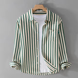 Men's beige long sleeve cotton shirt with vertical stripes, featuring a classic collar and button-down design.