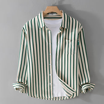 Men's beige long sleeve cotton shirt with vertical stripes, featuring a classic collar and button-down design.