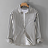 Men's beige vertical stripe long sleeve cotton shirt with a collar, displayed against a neutral background; shirt is designed for casual and formal wear, suitable for various occasions.