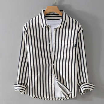 Men's beige vertical stripe long sleeve cotton shirt with a collar, displayed against a neutral background; shirt is designed for casual and formal wear, suitable for various occasions.