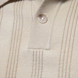 Men's beige vertical stripe short sleeve polo made of ribbed cotton, featuring a collar and button details.