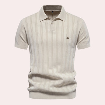 Men's beige vertical stripe short sleeve polo in ribbed cotton, featuring a classic collar and button-up design in an apricot XL size.