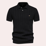 Men's beige vertical stripe short sleeve polo shirt in ribbed cotton with a black color detail, featuring a classic collar and button-up front, size XL.