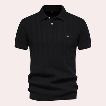 Men's beige vertical stripe short sleeve polo shirt in ribbed cotton with a black color detail, featuring a classic collar and button-up front, size XL.