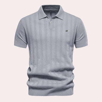 Men's beige short sleeve polo shirt with vertical stripes, ribbed cotton texture, and a collar, shown in gray color, size XL.