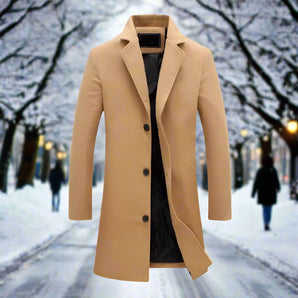 Men's beige wool blend overcoat in a tailored formal style, featuring a classic collar and long sleeves suitable for winter.