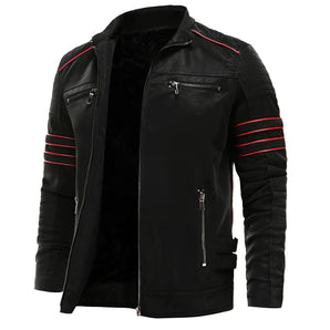 Men's black leather biker jacket with red stripes, featuring a classic urban moto style. The jacket includes a collar and long sleeves, highlighting its sporty and edgy design. Suitable for personal protective equipment, available in 3XL size.
