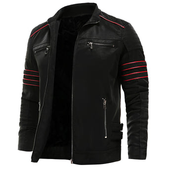 Men's black leather biker jacket with red stripes, featuring a classic urban moto style. The jacket includes a collar and long sleeves, highlighting its sporty and edgy design. Suitable for personal protective equipment, available in 3XL size.