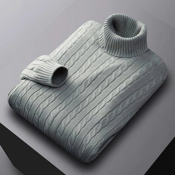 Men's light gray cable knit turtleneck sweater in size XL displayed on a wooden background.