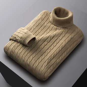 Men's light brown cable knit turtleneck sweater in XL size displayed on a wooden floor background, showcasing its luxurious winter fashion appeal.