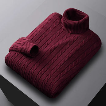 Men's wine red cable knit turtleneck sweater in XL size, displayed on a wooden surface with a focus on the intricate knit pattern and high collar design, embodying luxury winter fashion.