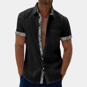 Men's black casual short sleeve button-down shirt featuring a classic collar and designed for summer fashion; shown in size XL.