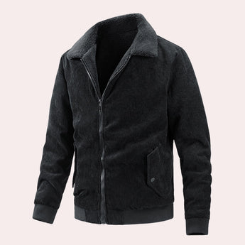 Men's black corduroy bomber jacket featuring ribbed cuffs, a collar, and pocket details, with a durable and warm design.