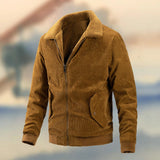 Men's camel-colored corduroy bomber jacket in XL size, featuring warm and durable material with ribbed cuffs, a collared neckline, and long sleeves.