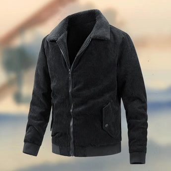 Men's black corduroy bomber jacket with ribbed cuffs, featuring a classic collar and long sleeves, size XL.