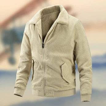 Men's beige corduroy bomber jacket with ribbed cuffs, featuring a collar and button closure, designed for warmth and durability in an XL size.