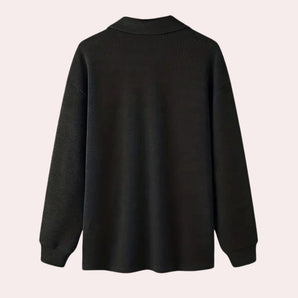 Men's black cotton crewneck sweater featuring long sleeves and a lightweight design, suitable for casual winter wear.