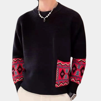 Men's black crewneck sweater featuring ethnic pattern sleeves with intricate design, showcasing a blend of traditional and contemporary style, made from soft textile material.