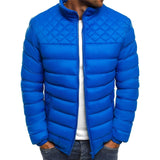 Men's Black Diamond Quilted Lightweight Bomber Jacket in blue color, size 2XL, featuring a collar, long sleeves, and diamond quilted pattern.