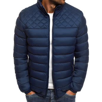 Men's Black Diamond Quilted Lightweight Bomber Jacket in Marine Blue, size 2XL, featuring a diamond quilted pattern with a stand-up collar, long sleeves, and a front zipper closure.