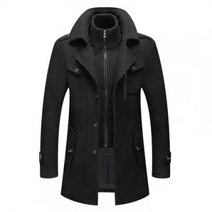Men's black double-breasted trench coat featuring a belt, designed with a waterproof material, suitable for formal wear. The coat has a structured collar and long sleeves, available in size 2XL.