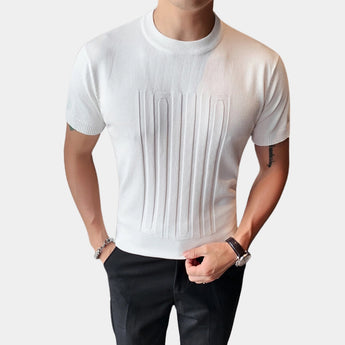 Men's designer black embossed logo t-shirt with ribbed cuffs, shown in size 3XL, featuring a close-up of the arm and sleeve detail.
