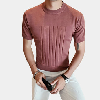 Men's black t-shirt featuring an embossed logo on the front, designed with ribbed cuffs, shown in light brown color variant.