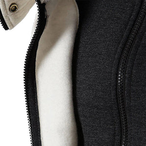 Men's black fleece-lined insulated winter hoodie jacket with long sleeves.