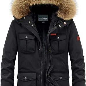 Men's black fur-trimmed insulated hooded parka in Nero size 6XL, featuring a windproof design with button closures and a stylish, warm collar.