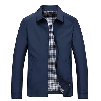 Men's blue weatherproof trench coat in 2XL size featuring a stylish gingham lining, button closure, and collar, designed for a chic and sophisticated look.
