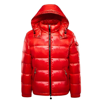 Man wearing a black glossy hooded puffer jacket with a red collar, insulated for winter, in size 3XL.