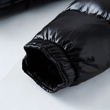 Men's black glossy hooded puffer jacket, insulated winter coat with full-zip front and side pockets.