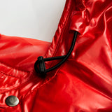 Men's black glossy hooded puffer jacket, insulated winter coat, with long sleeves.