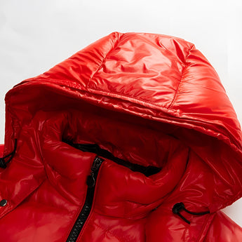 Men's black glossy hooded puffer jacket, insulated winter coat with long sleeves, displayed on a white background.
