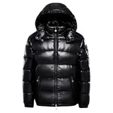 Men's black glossy hooded puffer jacket, insulated winter coat in size 3XL, featuring a zipper closure and collar.