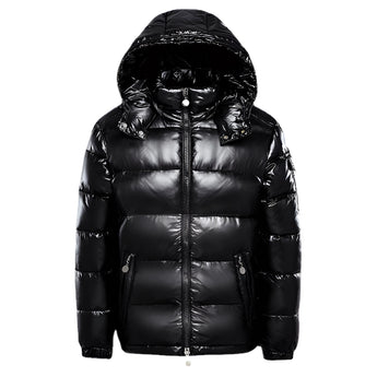 Men's black glossy hooded puffer jacket, insulated winter coat in size 3XL, featuring a zipper closure and collar.