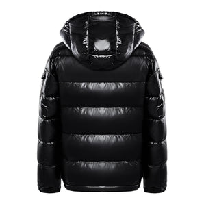 Men's black glossy hooded puffer jacket with insulated design, featuring long sleeves and a fur-lined collar.