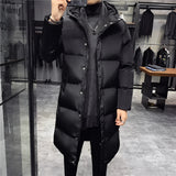 Men's black glossy puffer jacket with hood, insulated, long winter coat in size 5XL, featuring full sleeves and a high collar.
