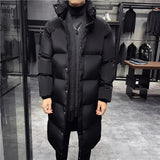 Men's black glossy puffer jacket with a stand-up collar, long sleeves, and insulated design, suitable for winter.