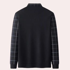 Men's black and grey grid check crew neck sweater with long sleeves and a stylish casual design.