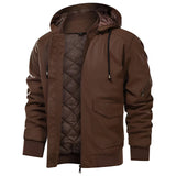 Men's brown hooded leather jacket in a quilted biker style with long sleeves, a collar, and functional pockets, available in size 4XL.