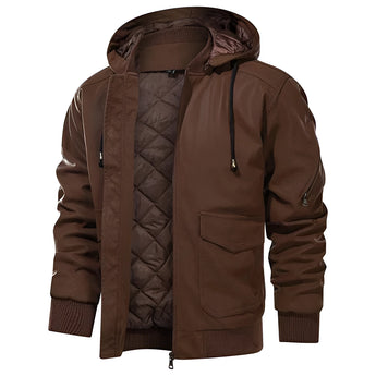 Men's brown hooded leather jacket in a quilted biker style with long sleeves, a collar, and functional pockets, available in size 4XL.