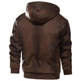 Men's black hooded leather jacket in a quilted biker style with long sleeves, a collar, and a sleek, fitted design.