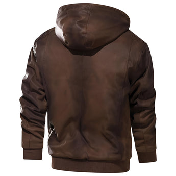 Men's black hooded leather jacket in a quilted biker style with long sleeves, a collar, and a sleek, fitted design.