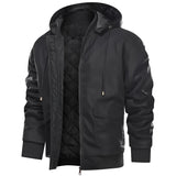 Men's black hooded leather jacket in a quilted biker style with long sleeves and a high collar, designed for a 4XL fit.