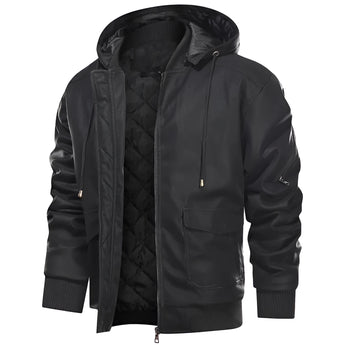 Men's black hooded leather jacket in a quilted biker style with long sleeves and a high collar, designed for a 4XL fit.