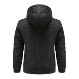 Men's black hooded leather jacket with quilted biker style detailing, featuring a grey t-shirt underneath, visible sleeves, and a collar design.