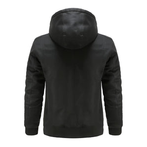 Men's black hooded leather jacket with quilted biker style detailing, featuring a grey t-shirt underneath, visible sleeves, and a collar design.